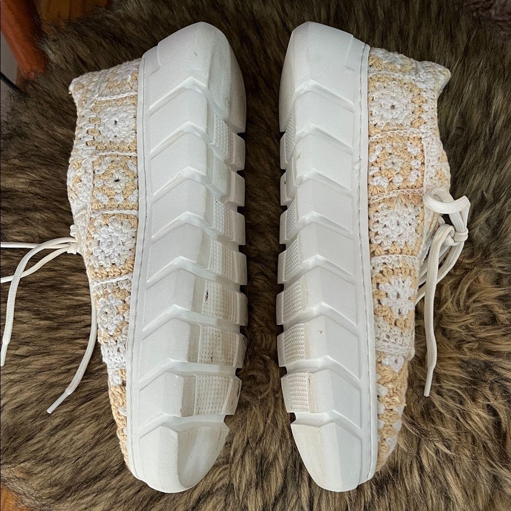 Free People Lace-Up Crochet Sneakers - Cream and Tan “Catch Me If You Can “ - Picture 5 of 10